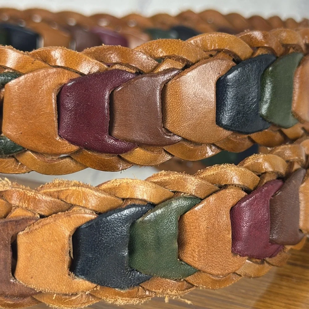 Vintage Genuine Leather Belt Multi-Color Woven Leather and Brass Buckle